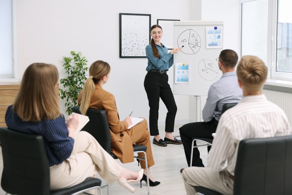 Business,Coach,Giving,Presentation,To,Group,Of,People,In,Office
